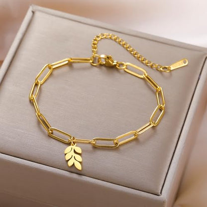 Dreamtimes Daisy Flower Anklets for Women Leaf Anklet Dainty Beach Anklet Jewelry Stainless Steel Adjustable Foot Chain Summer Boho Charm Foot Ankle Bracelet Jewelry - color: Leaf-Gold