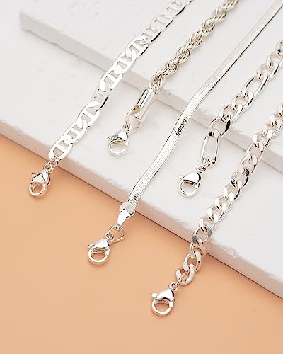 Sterling Silver Ankle Bracelets for Women Strong Lobster Clasp - Cuban Link, Figaro, Rope, Flat Mariner, Snake Herringbone, Satellite, Paperclip - Summer Beach Waterproof Silver Anklet - color: Cuban Link, Figaro, Rope, Flat Mariner, Snake