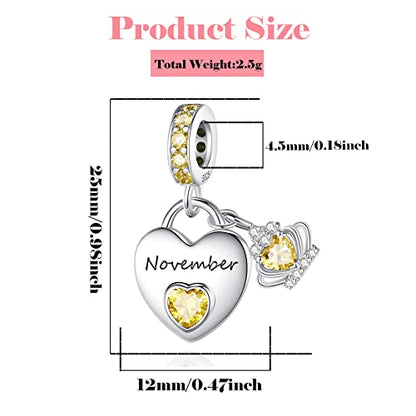 Birthstone Charms for Charms Bracelet: 925 Sterling Silver Heart Dangle Charms for Bracelets and Necklaces, Birthday Mother's Day Christmas Gifts For Women. - color: November