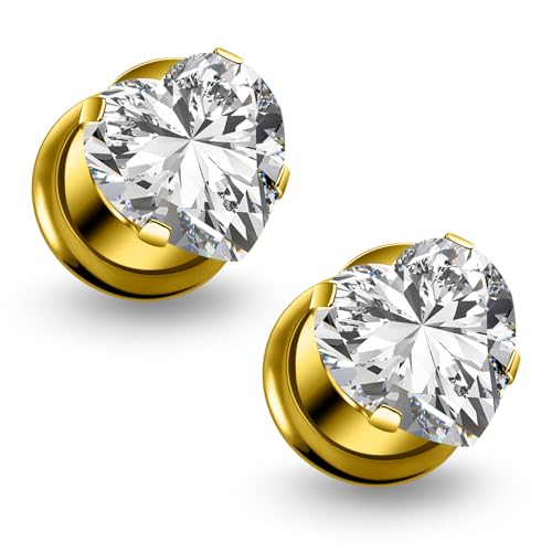 Astm F136 Titanium Heart CZ Ear Gauges Screw Fit Flesh Tunnels Plugs Gauges Earring Expander Stretcher Ear Tunnels For Ears 10G 8G 6G 4G 2G 0G 00G Plug Earrings Piercing Jewelry For Women Men - color: 00G Gauges, Gold