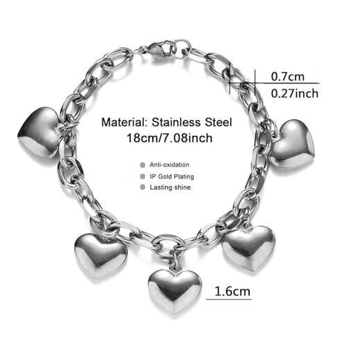 Stainless Steel Heart Charms Bracelet for Women | Chain Tassel, Love Charms, Chunky Link, Romantic Gift - color: Silver