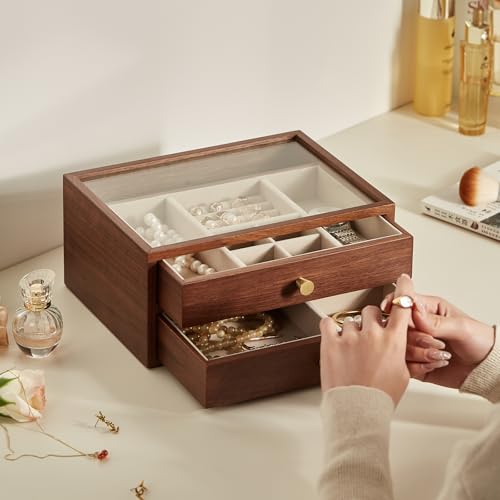 Black Walnut Wooden Jewelry Box for Women, 2 Layer | Large Jewelry Organizer Box, For Necklaces, Watch, Ring, Earring Storage, Ideal Gift - style: 2 Layer B