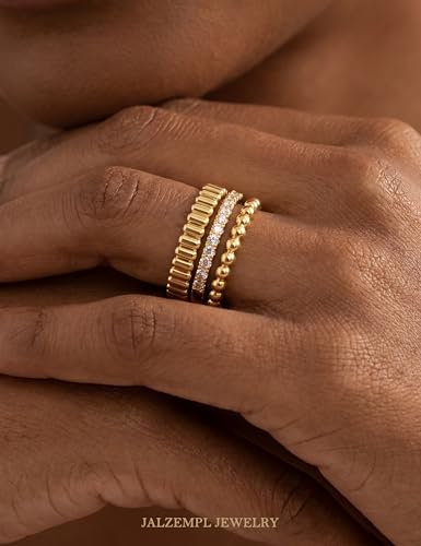 3Pcs Stackable Gold Rings Set for Women Cubic Zirconic Ribbed Bead Jewelry | 14K Gold & Silver Plated, Non Tarnish, Dainty Stacking Design, Trendy Gift - color: 14K Gold Plated