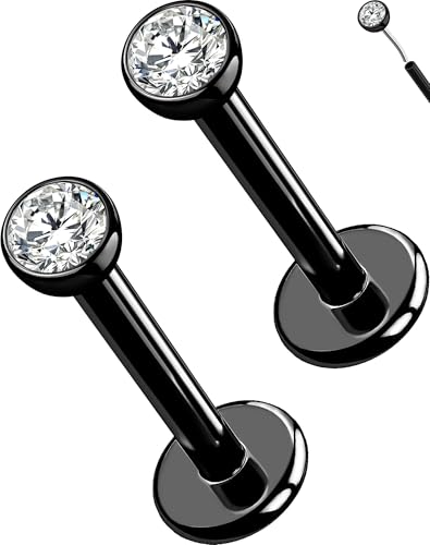 OUFER 2Pcs 20G/18G/16G G23 Titanium Threadless Nose Stud Earrings Flat Back Tiny CZ Small Nose Helix Cartilage Tragus Conch Labret Medusa Monroe Piercing Jewelry for Women Men - color: Black, size: 2pcs, 16g 6mm, 2mm cz