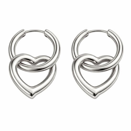 Open Heart Charm Hoop Earrings for Women by Ginger Lyne | 18K Gold Plated Stainless Steel Lightweight 12mm Classic Round Clicker for Lobe Cartilage Piercing Body Jewelry for Her - color: Silver Tone