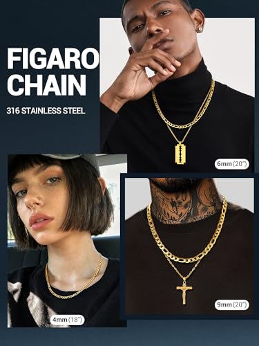 PROSTEEL Stainless Steel Figaro Link Chain Necklace for Men Women | 18K Gold Plated/Black/Silver,4/6/9/13mm Width,Sweat-proof and Fade-resistant Diamond Cut Chain with Sturdy Clasp,18"-30" - color: Gold, size: 18 inches(women's average length), style: 4mm