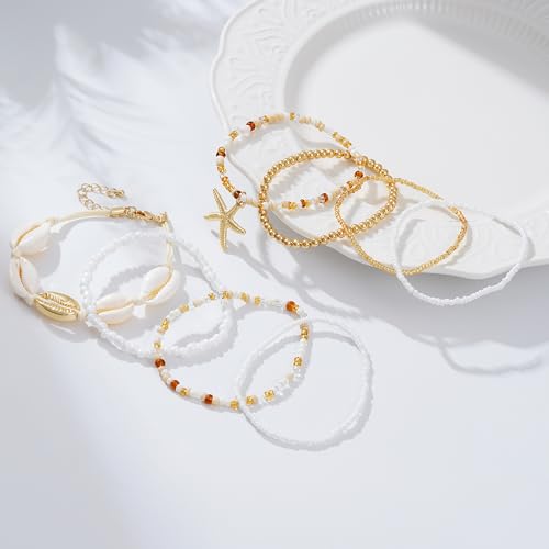 LALAPPLE Shell Bracelet Boho Beaded Stretch Bracelets for Women Seashell Strand Bracelets Starfish Charm Jewelry Summer Beach Jewelry Stackable Crystal Gold Plated Beads Bracelet for Women - style: Style2