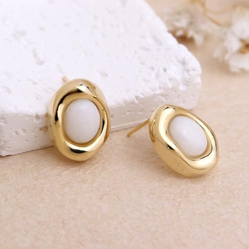 Jean Beau Chunky Gold Stone Stud Earrings for Women, Trendy Natural Gemstone Hypoallergenic Earing Valentine Jewelry Gift - color: White