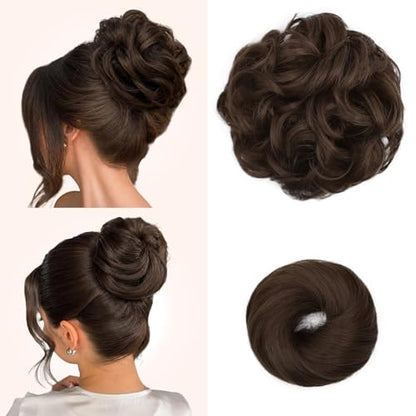 2PCS Messy Bun Hair Pieces Synthetic Hairpieces For Women Medium Brown | Messy Bun and Donut Bun in one set for natural-looking volume and elegant updos for every occasion. - color: Medium Brown