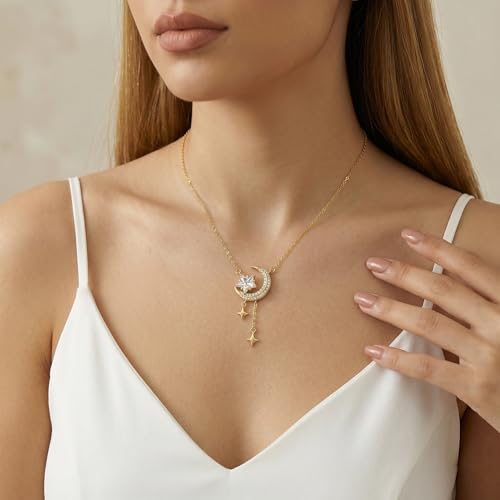 Reffeer Solid 925 Sterling Silver Moon Star Necklace for Women Teen Girls CZ Moon Choker Necklace Dainty Star Pendant Necklace - color: B-Yellow