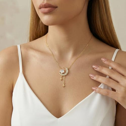 Reffeer Solid 925 Sterling Silver Moon Star Necklace for Women Teen Girls CZ Moon Choker Necklace Dainty Star Pendant Necklace - color: B-Yellow