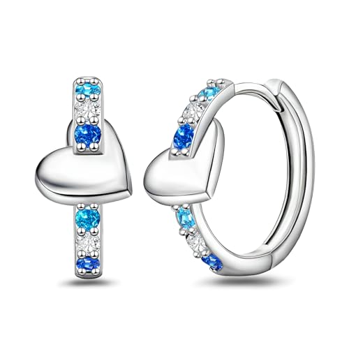 Heart Hoop Earrings with Blue Cubic Zirconia Sterling Silver Love Heart Huggie Earrings Cartilage Tiny Large Huggie Hoops Hypoallergenic for Sensitive Ear for Women Daughter Birthday Anniversary