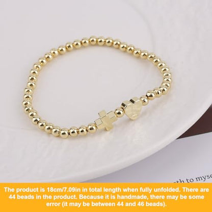 Mikovivi Women's Cross Bracelet with Initial Beads, Elastic Heart Alphabet Charm Stackable Beaded Bracelet Religious Christian Jewelry Gift - style: Letter L