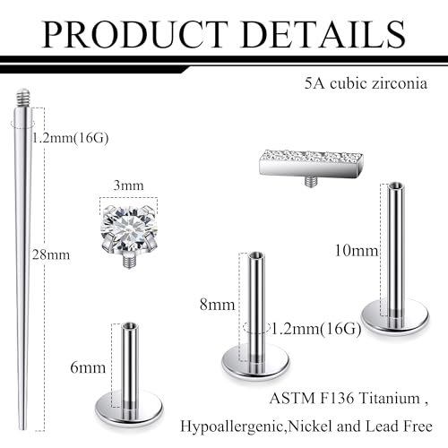 Titanium Flat Back Lip Rings Internally Threaded Earrings Studs Nose Rings 16G Cross Curve Stripe Tragus CZ Cartilage Lobe Rook Helix Conch Labret Medusa Piercing Jewelry for Women Men - style: Stripe