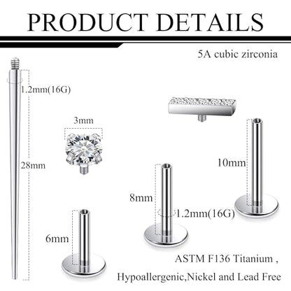 Titanium Flat Back Lip Rings Internally Threaded Earrings Studs Nose Rings 16G Cross Curve Stripe Tragus CZ Cartilage Lobe Rook Helix Conch Labret Medusa Piercing Jewelry for Women Men - style: Stripe