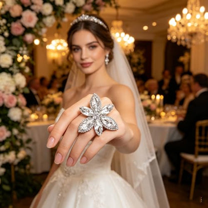 Sparkling Rhinestone Ring Bohemia Thick Large Oval Geometric Ring Square Princess Rings Fashion Heart Zircon Crystal Ring Prom Wedding Party Ball Rings for Women - color: White Flowers