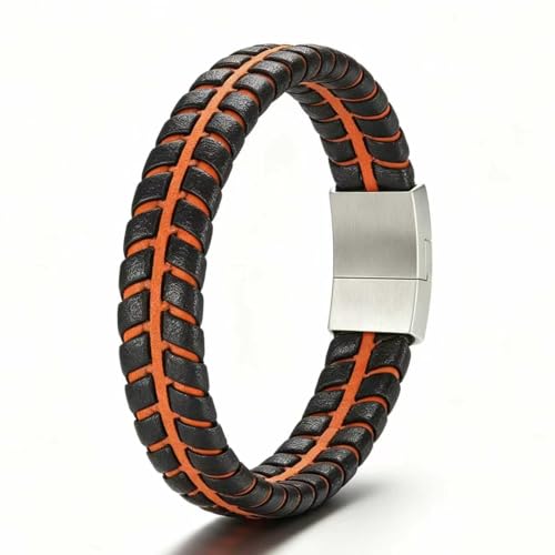 Men's Leather Bracelet, Stackable Stainless Steel Clasp Bracelets for Men Stylish Birthday, Thanksgiving, Valentine's Day Gift for My Man (8.4" Orange and Black) | Men's Accessory, Leather Band, Stainless Steel, Wrist Bracelet