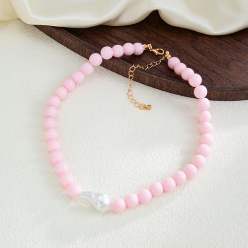 Colorful Faux Baroque Pearl Resin Beaded Choker Necklace Summer Tropical Jewelry for Women - color: Pink
