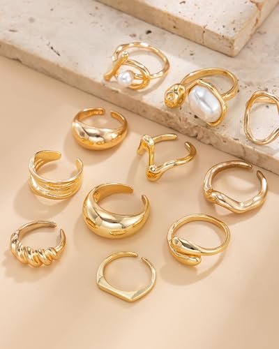 Chunky Gold Shell Starfish Ring Set for Women Trendy Gold Flower Scallop Seashell Starfish Gemstone Rings Adjustable Stacking Statement R-ings Non Tarnish Spring Summer Jewelry Accessories - color: A9:11 pcs