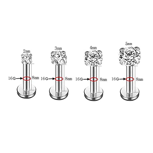 16g CZ Labret Cartilage Tragus Monroe Lip Nose Helix Diamond Studs Earrings for Women Men Stainless Steel Cubic Zirconia Piercing Jewelry 2mm 3mm 4mm 5mm 4 Pairs Set - style: silver