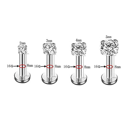 16g CZ Labret Cartilage Tragus Monroe Lip Nose Helix Diamond Studs Earrings for Women Men Stainless Steel Cubic Zirconia Piercing Jewelry 2mm 3mm 4mm 5mm 4 Pairs Set - style: silver