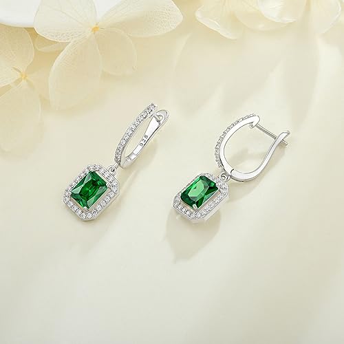 Women's Solitaire Dangle Drop Earrings 925 Sterling Silver Pure Square Huggie Earrings Hoop Dangle Drop Earrings Jewelry Gift - color: 05-emerald-May