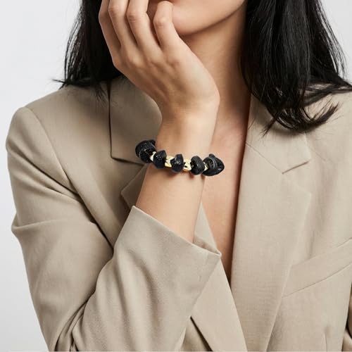 GOOJIDS Simple Beaded Gold Plated Bangles Bracelet Chunky Bamboo Tube Curved Stacking Clear Acrylic Colorful Beads Stretchable Gold Plated Bracelets Set For Women - color: D-Black&Gold Bracelet