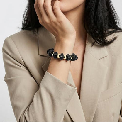 GOOJIDS Simple Beaded Gold Plated Bangles Bracelet Chunky Bamboo Tube Curved Stacking Clear Acrylic Colorful Beads Stretchable Gold Plated Bracelets Set For Women - color: D-Black&Gold Bracelet