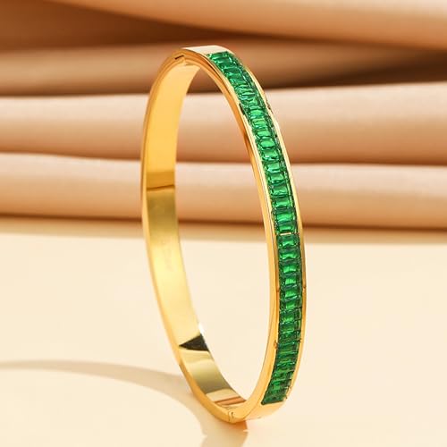 Gold Rhinestone Bangles Bracelets for Women, Chunky Crystal Stainless Steel Stackable Cuff Bracelet Prom Fashion Jewelry Gift - color: Green Emerald