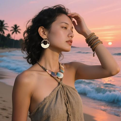 Raffia Hoop Earrings for Women Fun Boho Summer Beach Earrings Lightweight Handmade Straw Wicker Rattan Dangle Earrings Statement Geometric Round Drop Earrings - color: Set - Round