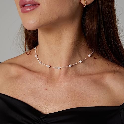 Kyerlyn Dainty Pearl Pendant Necklaces for Women 14K Gold Plated Handmade Layered Pearl Chain Necklace Delicate Layered Pearl Necklace Everyday Jewelry Gift - color: Satellite Pearl Choker-Silver