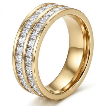 Dazzling Cubic Zirconia Band Ring for Women, Hypoallergenic Stainless Steel Titanium Women Finger Thumb Ring in Silver/Gold Tone, Wedding Eternity Band Infinity Love Ring for Her - color: gold