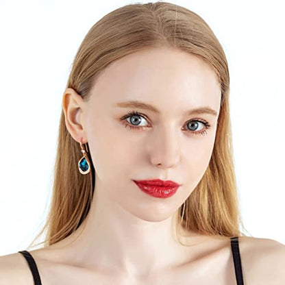 Austrian Crystal Halo Teardrop Hollow Drop Dangle Earrings for Women 14K Rose Gold Plated Hypoallergenic Jewelry Gifts - color: Dark Blue