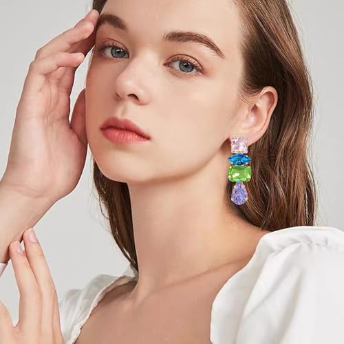 Dainty Sparkly Crystal Square Teardrop Circle Dangle Drop Earrings Long Chic Glitter Rhinestones Geometry Stud Earrings For Women - style: Colorful