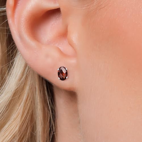 Gem Stone King Oval Gemstone Birthstone Stud Earrings for Women Men | Oval Cut 7X5MM | Fine Jewelry Gifts for Mom Dad Wife Him Her - style: Garnet-Checkerboard, January