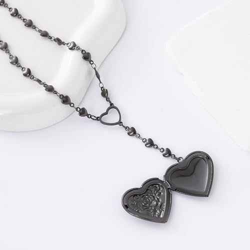 Personalized Heart Locket Necklace for Women Stainless Steel- Heart Necklace - color: Black-F
