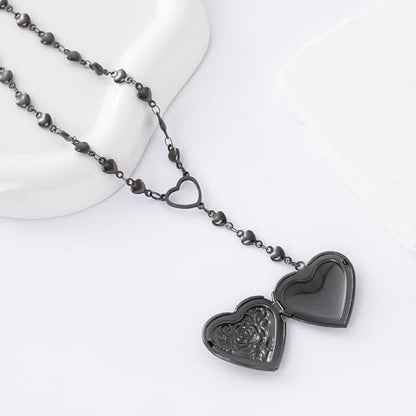 Personalized Heart Locket Necklace for Women Stainless Steel- Heart Necklace - color: Black-F