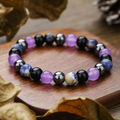 Natural Stone Beaded Bracelet for Men Women, Malachite Tiger Eye Obsidian Elastic Stretch Bracelet for Wealth & Energy - color: Black purple 2
