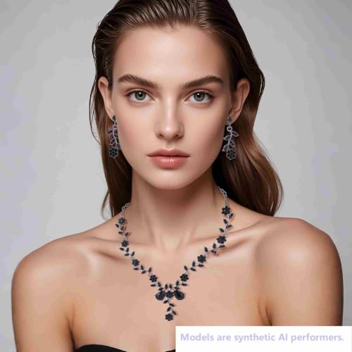 Kamirola Women's Wedding Jewelry Leaf Cluster Flower Crystal Dangle Earrings Pendant Necklace Set for BridalCrystal Bridal Jewelry Set - color: Black