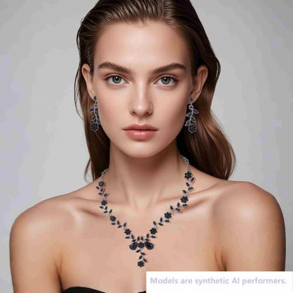 Kamirola Women's Wedding Jewelry Leaf Cluster Flower Crystal Dangle Earrings Pendant Necklace Set for BridalCrystal Bridal Jewelry Set - color: Black