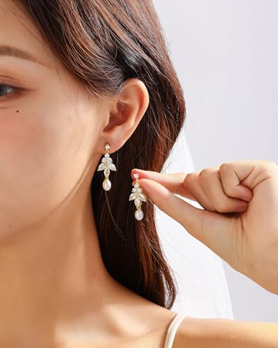 Pearl Earrings for Women, 14k Gold Plated Trendy Diamond Pearl Drop Earrings Bridal Shower Gifts Wedding jewelry for Women - color: Style E Gold