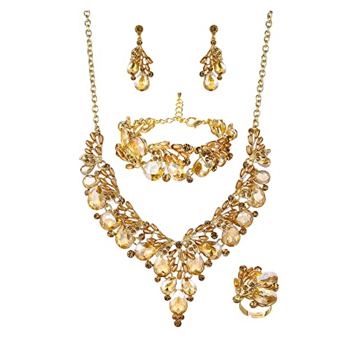 Jewelry Set for Women, Statement Necklace Dangle Earrings Bracelet Ring, White/KC Gold Plated Jewelry Set with Rhinestone Pearl Crystal Wedding Party Jewelry for Bridal Bridesmaid - color: Champagne-Gold Plated