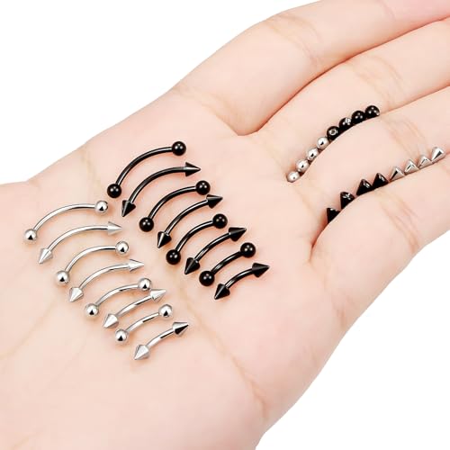 Jenxnjsjo 16g 6/8/10/12mm Silver/Gold/Black Eyebrow/Rook/Snug/Vertical-Labret/VCH/Snake-Eyes/Anti-Tragus/Christina/Daith/Belly-Button/Bridge/Hood/Surface Curved Barbell Piercing Jewelry for Women Men - color: Silver & Black