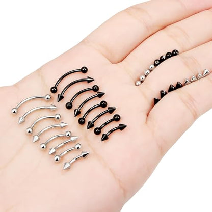 Jenxnjsjo 16g 6/8/10/12mm Silver/Gold/Black Eyebrow/Rook/Snug/Vertical-Labret/VCH/Snake-Eyes/Anti-Tragus/Christina/Daith/Belly-Button/Bridge/Hood/Surface Curved Barbell Piercing Jewelry for Women Men - color: Silver & Black
