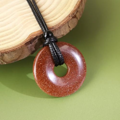 Anjiucc Natural Gemstone Pendant Necklce Lucky Coin Crystal Necklace Donut Pendnat with Adjustable Rope Healing Crystal for Men - color: Golden Sandstone