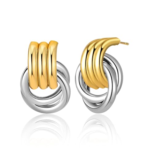 Chunky Gold Geometric Earrings for Women, Lightweight Gold Knot Dangle Drop Statement Dupes Long Link Earrings, Hypoallergenic Gold Plated Vintage Earrings Jewelry Trendy for Women - color: Two Tone