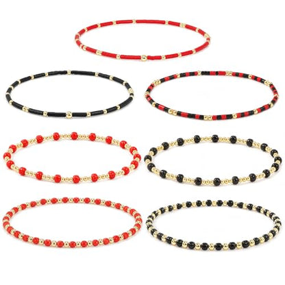 Colorful Stackable Rice Small Mini Seed Beaded Bracelets Set For Women, Handmade Dainty Boho Gold Glass Stretch Accessories Jewelry,Summer Beach Party Daily Friendship Gift - color: 8Pcs Black Red