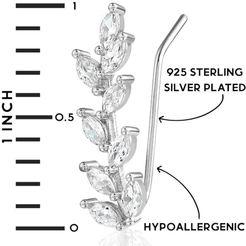 14K Gold or 925 Silver Plated Ear Crawler Earrings - Crystal Leaf Climbers | Hypoallergenic and Safe for Sensitive Ears - color: 925 Sterling Silver Plated