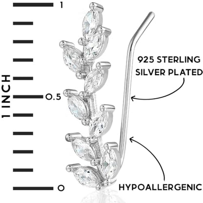 14K Gold or 925 Silver Plated Ear Crawler Earrings - Crystal Leaf Climbers | Hypoallergenic and Safe for Sensitive Ears - color: 925 Sterling Silver Plated