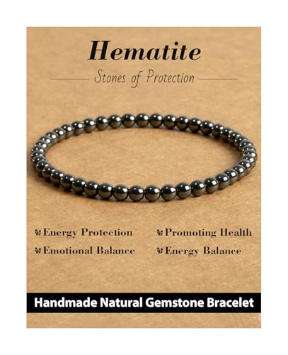 Natural Stone Beaded Bracelets for Men Women, 4mm 6mm 8mm | Healing Crystal, Protection Gemstone, Gift Packaging with Energy Card, Stretch Jewelry, Replacement Beads Included, 18 Stone - color: Hematite(Protection & Stabilization), size: 4mm